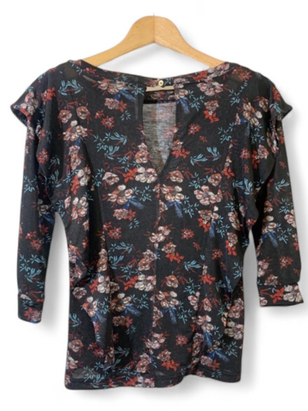 Free People Dock Street Floral Top Black Keyhole Back Ruffle NWT XS - Picture 6 of 9